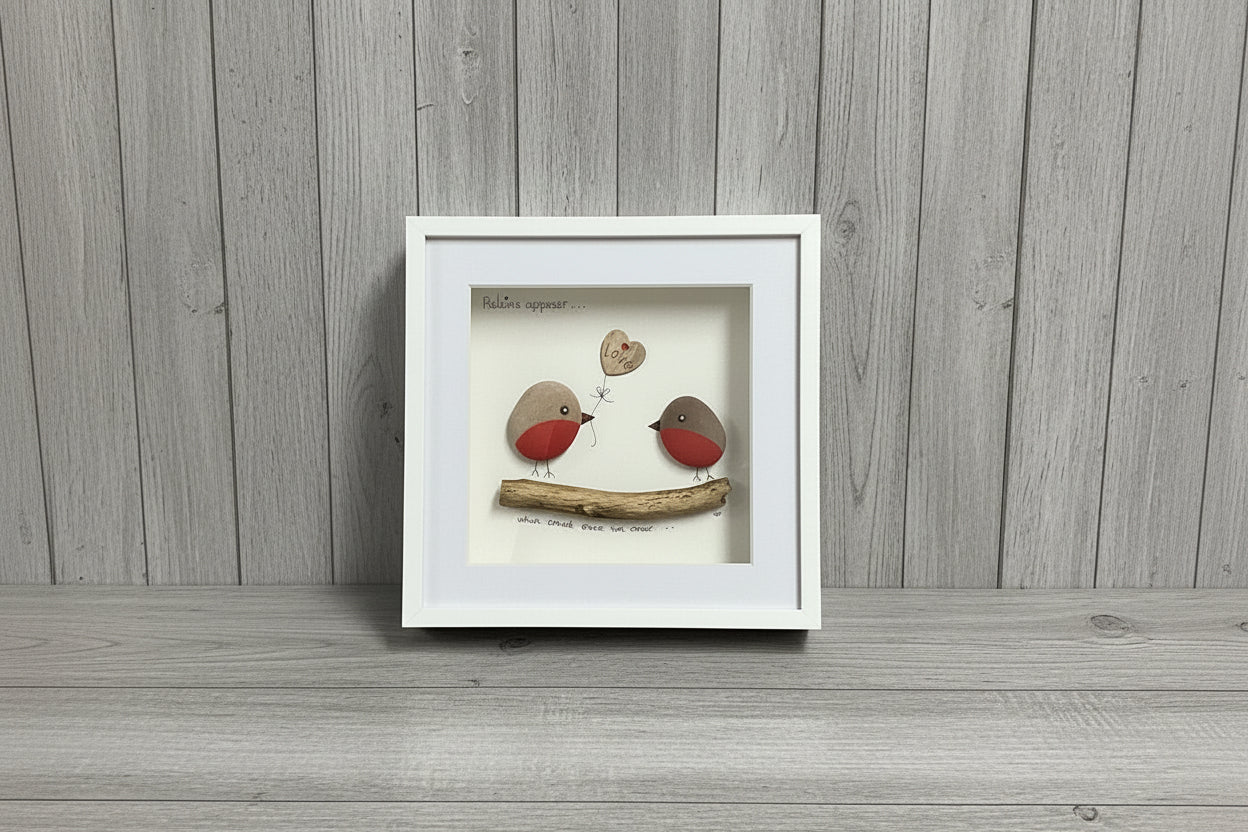 Framed Robins Appear Pebble Art
