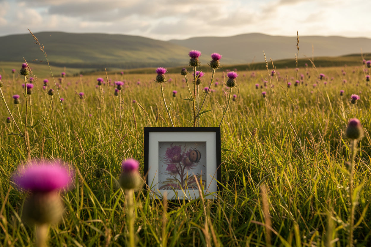 Framed Thistle And Bee Pebble Art